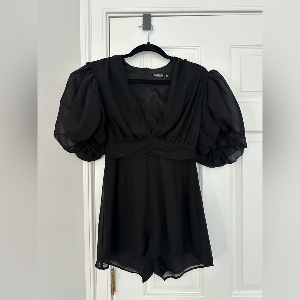 Nasty Gal Black Romper with puff sleeves